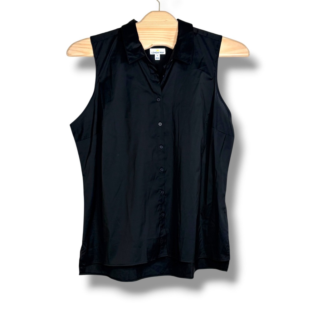 Lemon Way Button Down Shirt 2X Black Sleeveless Collared‎ Stretch Plus Size